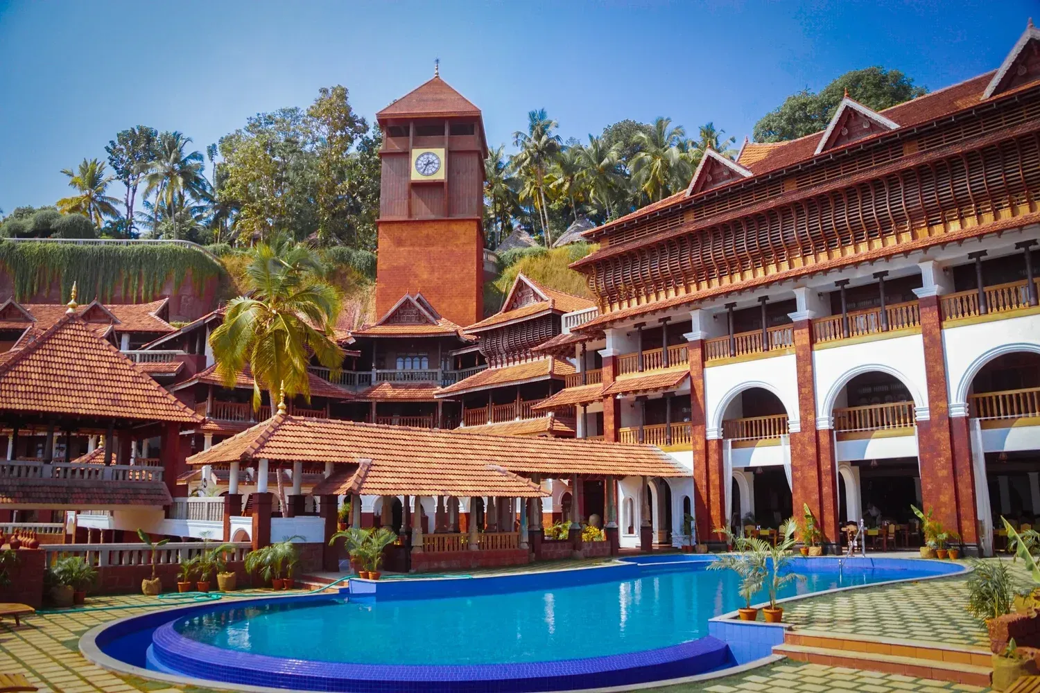 Thatched cottages among palms above the Arabian Sea at the Somatheeram resort