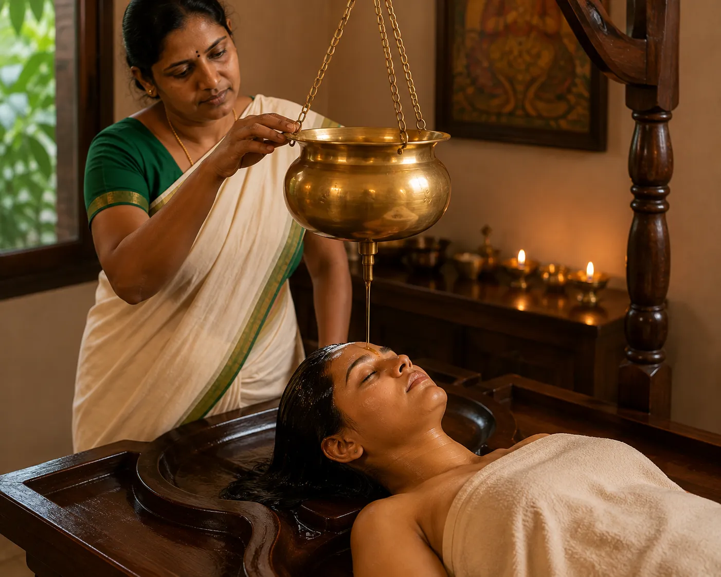 Illustration of Shirodhara oil poured over the forehead