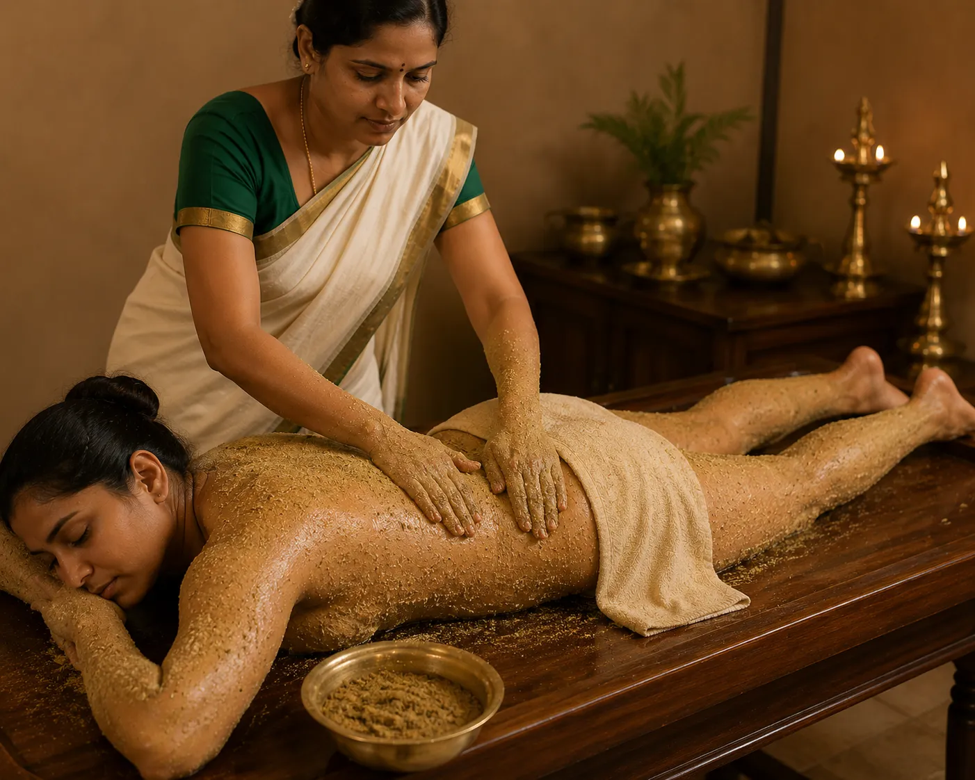 Illustration of Udvartana herbal powder massage